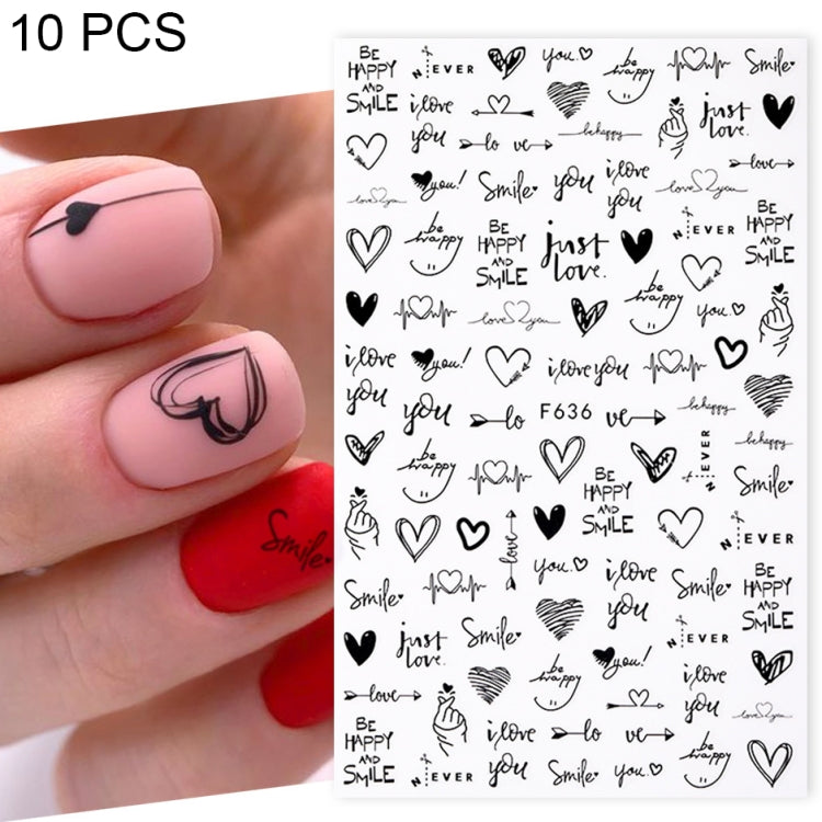 10 PCS Cartoon Heart Letters Comic Character Nail Art Sticker 3D Adhesive Nail Stickers, F106, F636, F637, F638, F639, F640 F636