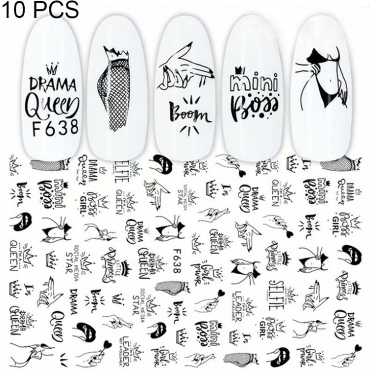 10 PCS Cartoon Heart Letters Comic Character Nail Art Sticker 3D Adhesive Nail Stickers, F106, F636, F637, F638, F639, F640 F638