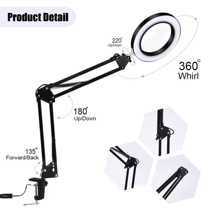 5X Magnifying Glass LED Folding Long Arm Clip Light Eye-protection USB Reading Lamp, Medium, Large