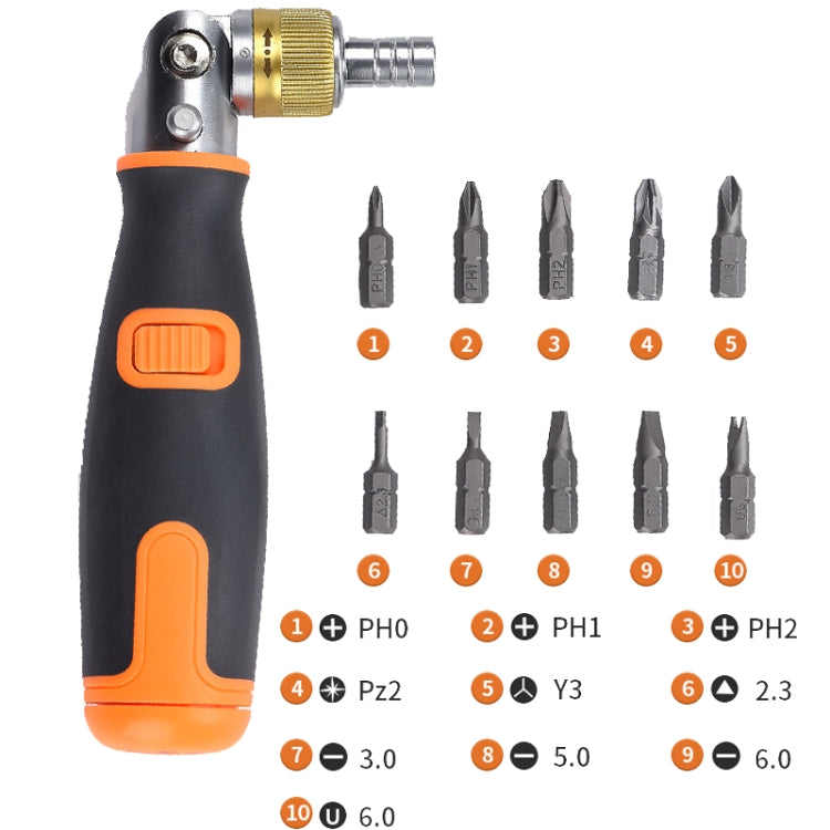 2050C Portable 10 In 1 Hidden Bits Multi-angle Ratchet Corner Screwdriver Set, 10 In 1 Orange, 10 In 1 Gray