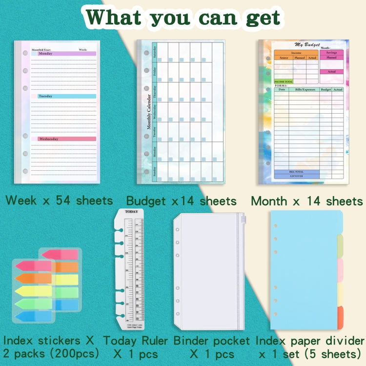 A6 6 Hole Budget Book Loose-leaf Replacement Core Handbook Insert,Spec:, Kit 1, 3 In 1, Monthly Plan 56 Sheets, Budget Page 56 Sheets, Weekly Plan 108 Sheets