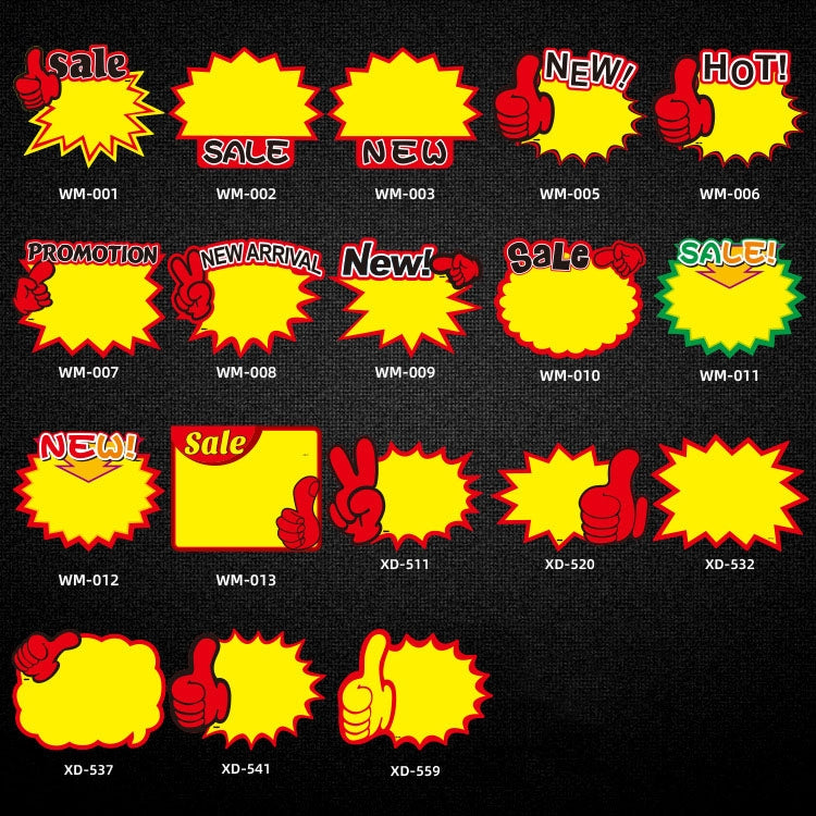 10 bags 25x19cm Explosion Sticker Product Price Tag Supermarket Price Label, WM-001, WM-002, WM-003, WM-005, WM-006, WM-007, WM-008, WM-009, WM-010, WM-011, WM-012, WM-013, XD-511, XD-520, XD-532, XD-537, XD-541, XD-559