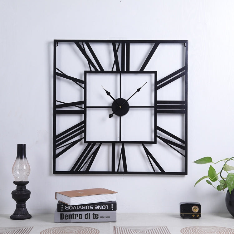 2053 58cm Vintage Living Room Wrought Iron Square Roman Metal Wall Clock, Black+Gold Needle, Black+Black Needle, Gold+Gold Needle Black+Black Needle