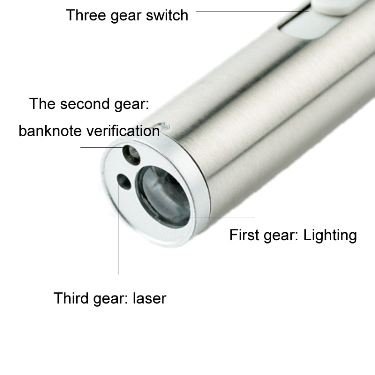 3 in 1 USB Rechargeable Flashlight Infrared Laser Pen Currency Detector Lamp, Silver