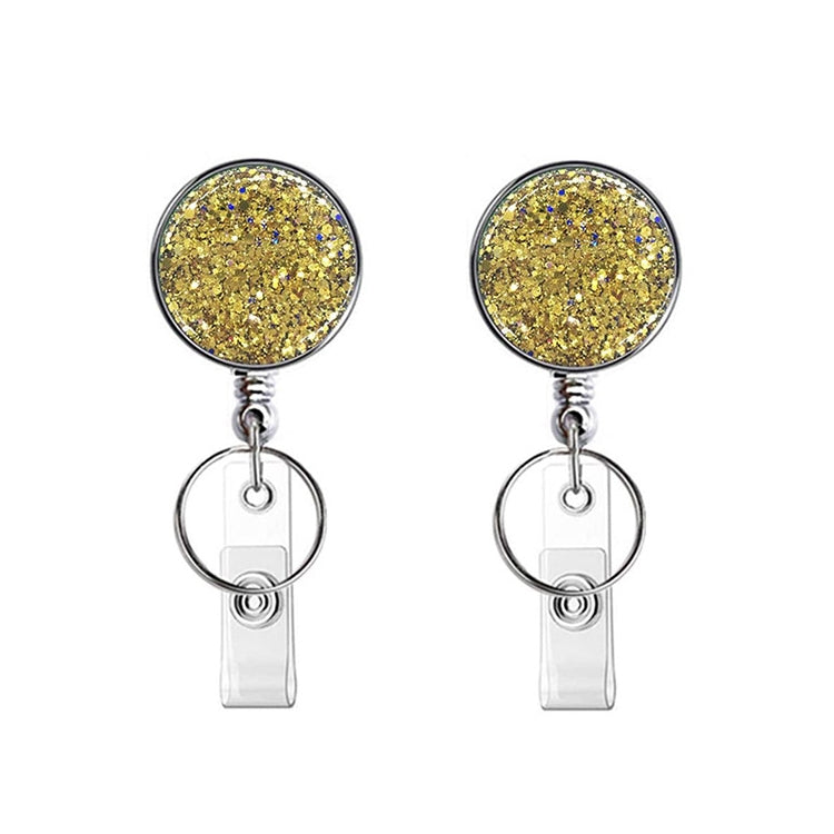 2pcs Diamond Glitter Sequins Retractable Pull Badge Reel Name Tag Card Badge Holder Gold