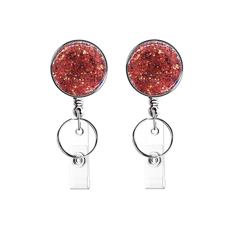 2pcs Diamond Glitter Sequins Retractable Pull Badge Reel Name Tag Card Badge Holder Red