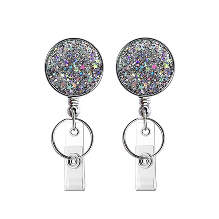 2pcs Diamond Glitter Sequins Retractable Pull Badge Reel Name Tag Card Badge Holder Silver