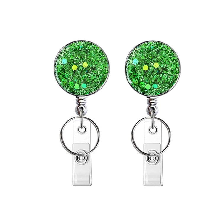 2pcs Diamond Glitter Sequins Retractable Pull Badge Reel Name Tag Card Badge Holder Green