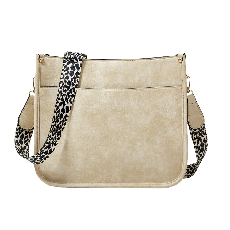 013 Leopard Strap PU Leather Single-shoulder Waterproof Crossbody Tote Bag Beige
