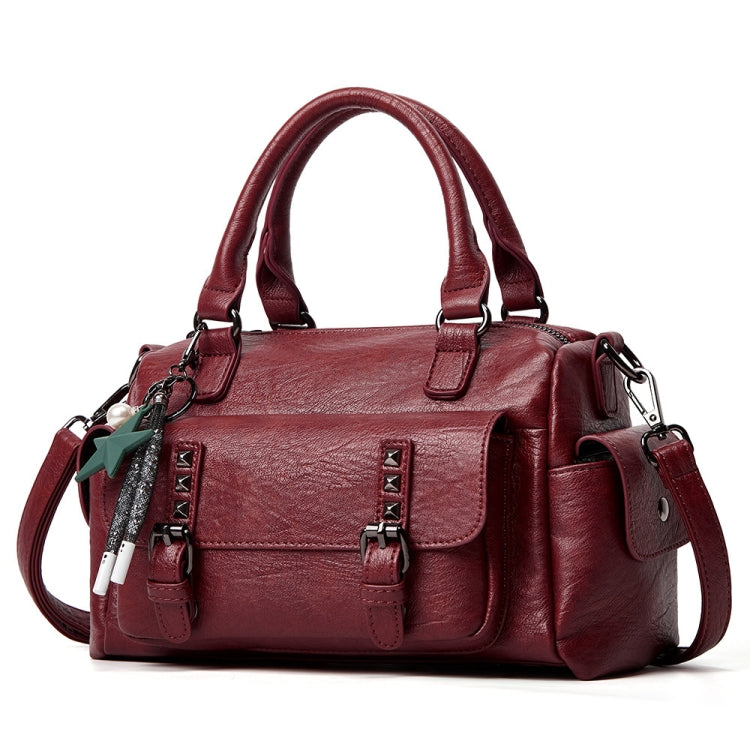 048 Pebbled Leather Multi-compartment Handbag Large Capacity Crossbody Shoulder Bag Claret