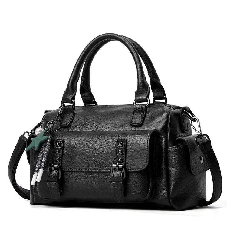 048 Pebbled Leather Multi-compartment Handbag Large Capacity Crossbody Shoulder Bag Black