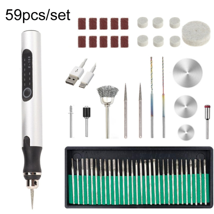 E108 59pcs/set Wireless Portable USB Rechargeable Mini Electric Drill Pen, Silver, Rose Gold