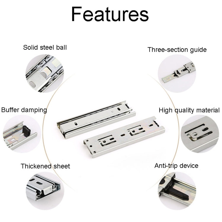 1 Pair Thickened Three Sections Ball Slide Mute Drawer Track Rail, 4 inch 10cm, 6 inch 16cm, 8 inch 20cm