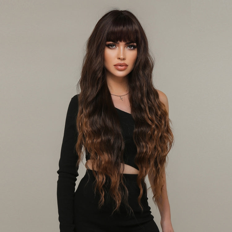 Women Long Hair Wig with Bangs Gradient Fluffy Water Ripple Curly Hair Wig, Gradient Brown LC2029-1, Mixed Brown LC2039-1, Brown Pick Dye LC2059-1, Coffee Brown LC1027-1, Dark Brown LC1061-1
