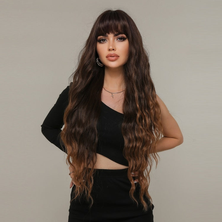 Women Long Hair Wig with Bangs Gradient Fluffy Water Ripple Curly Hair Wig, Gradient Brown LC2029-1, Mixed Brown LC2039-1, Brown Pick Dye LC2059-1, Coffee Brown LC1027-1, Dark Brown LC1061-1