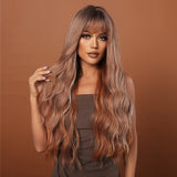 Women Long Hair Wig with Bangs Gradient Fluffy Water Ripple Curly Hair Wig, Gradient Brown LC2029-1, Mixed Brown LC2039-1, Brown Pick Dye LC2059-1, Coffee Brown LC1027-1, Dark Brown LC1061-1