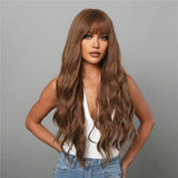 Women Long Hair Wig with Bangs Gradient Fluffy Water Ripple Curly Hair Wig, Gradient Brown LC2029-1, Mixed Brown LC2039-1, Brown Pick Dye LC2059-1, Coffee Brown LC1027-1, Dark Brown LC1061-1