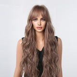 Women Long Hair Wig with Bangs Gradient Fluffy Water Ripple Curly Hair Wig, Gradient Brown LC2029-1, Mixed Brown LC2039-1, Brown Pick Dye LC2059-1, Coffee Brown LC1027-1, Dark Brown LC1061-1