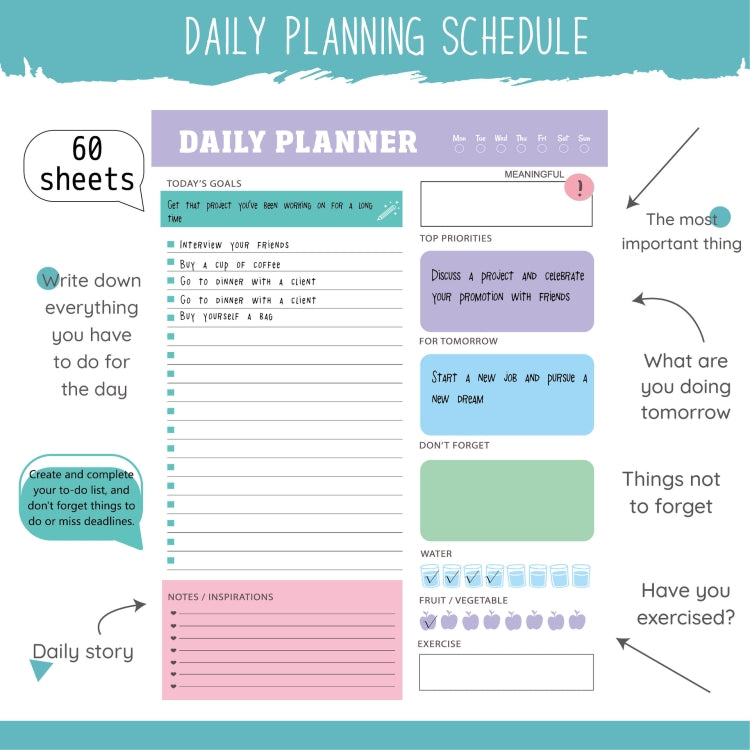 60pages /Book Weekly Planning Note Pad Schedule Time Management Planning Notebook, JH002