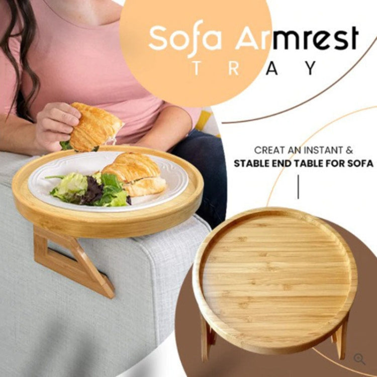 25cm Foldable Sofa Round Tray Home Couch Armrest Pallet, Pine Wood, Bamboo