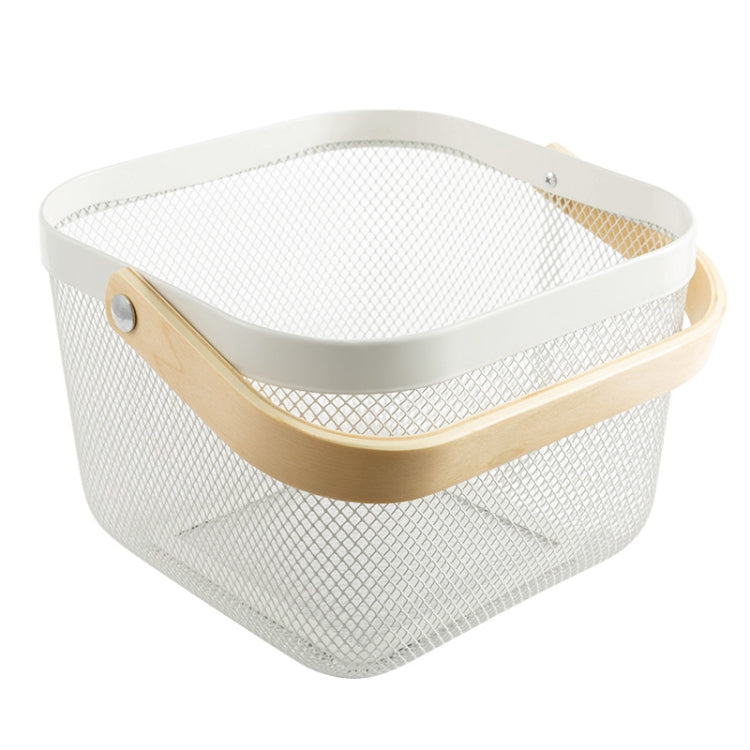 Wooden Handle Mesh Basket Snack Fruit Storage Basket, Square