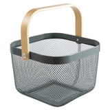 Wooden Handle Mesh Basket Snack Fruit Storage Basket, Square