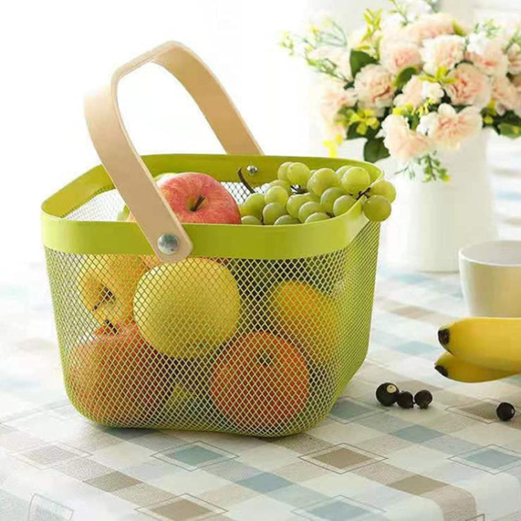 Wooden Handle Mesh Basket Snack Fruit Storage Basket, Square