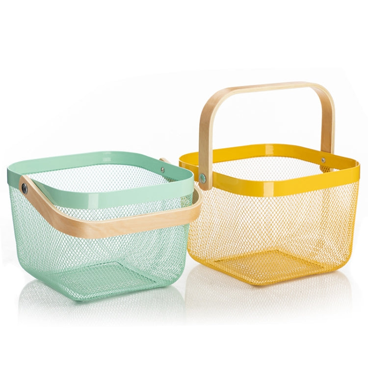 Wooden Handle Mesh Basket Snack Fruit Storage Basket, Square