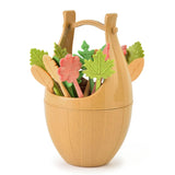 Mini Wheat Fiber Material Tableware Set Snack Dessert Forks, 16pcs Fruit Forks + 1pc Barrel