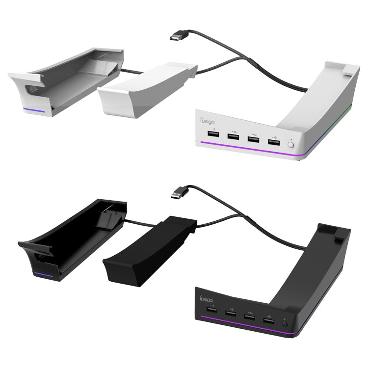 For Sony PS5 Slim IPEGA PG-P5S021 RGB Light Host Horizontal Stand With 4 USB HUBs, White, Black