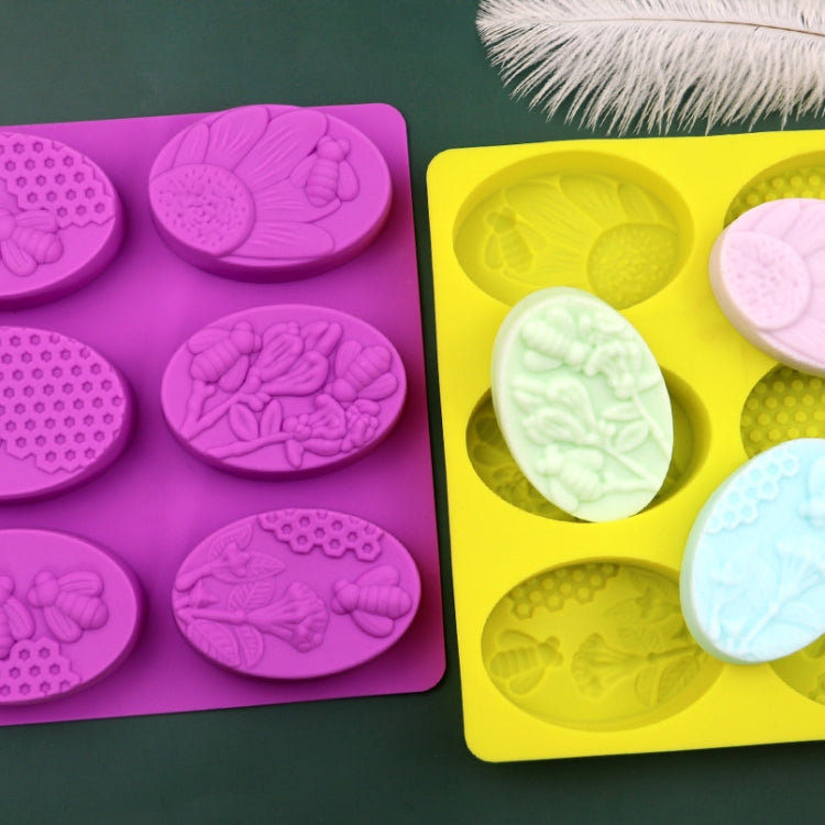 6 Grids Oarbone Bee Silicone Cake Mold Handmade Soap Pudding Mold, Yellow, Purple