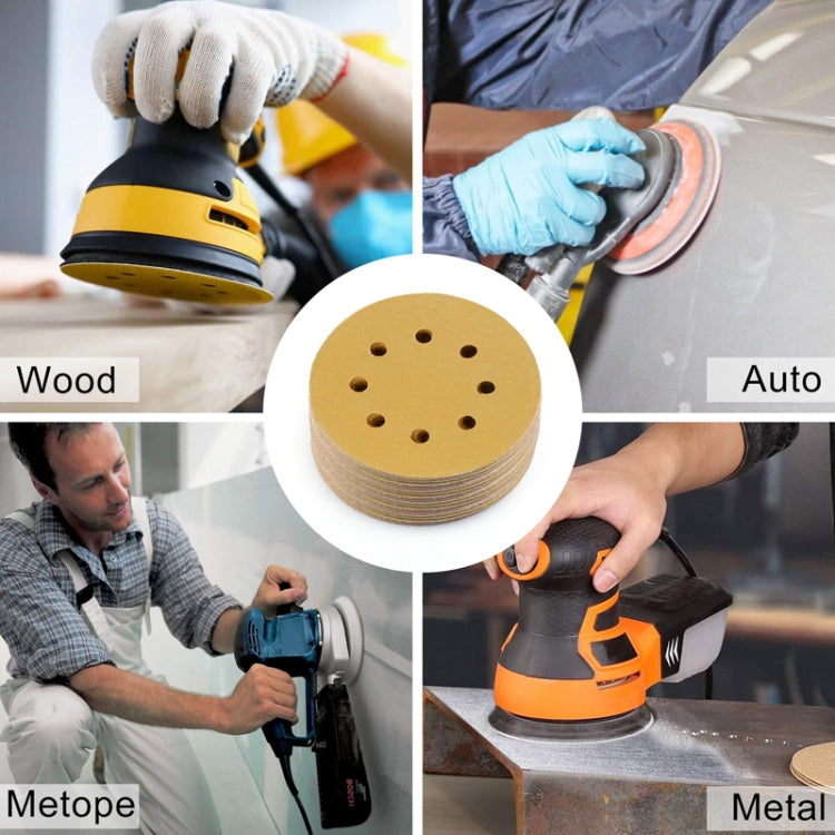 100pcs / Box 5 Inch 8 Holes Round Disc Sanding Sandpaper 125mm Yellow Sand Flocking Sheet, P60, P80, P100, P120, P150, P180, P220, P240, P320, P400, P600, P800