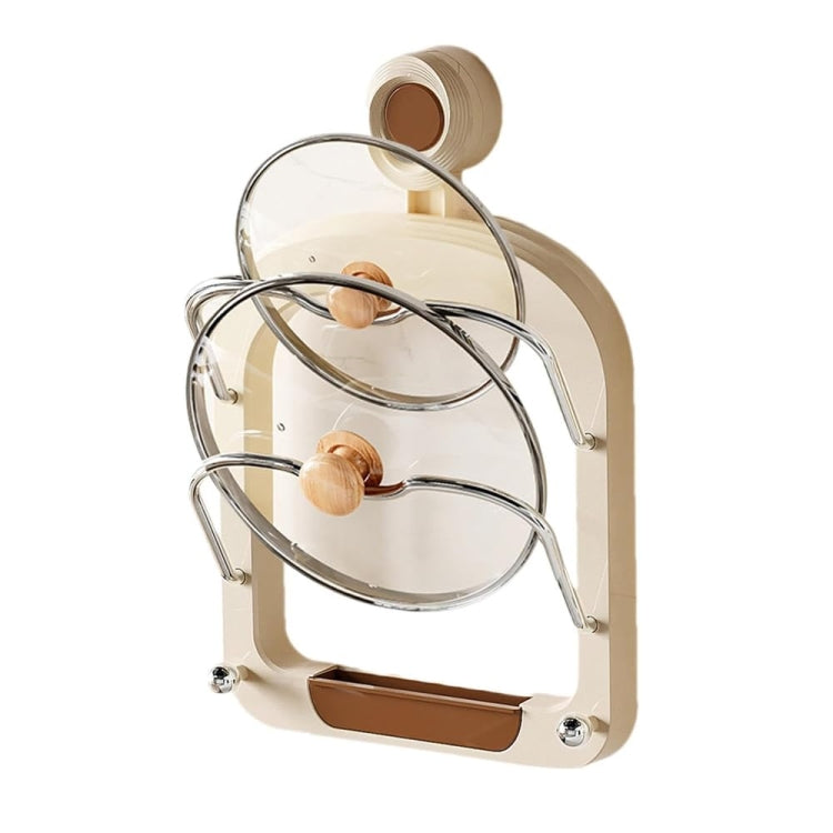 Wall Mount Pot Lids Holder No Punching Suction Cup Double Layer Storage Rack, Cream Color, Milk Tea Brown, Ivory White