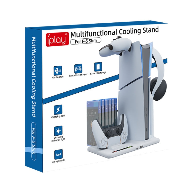 For PS5 Slim iplay Multifunctional Cooling Stand with Dual Controller Charging Station Headset Holder and 6 Game Card Storage, HBP-537