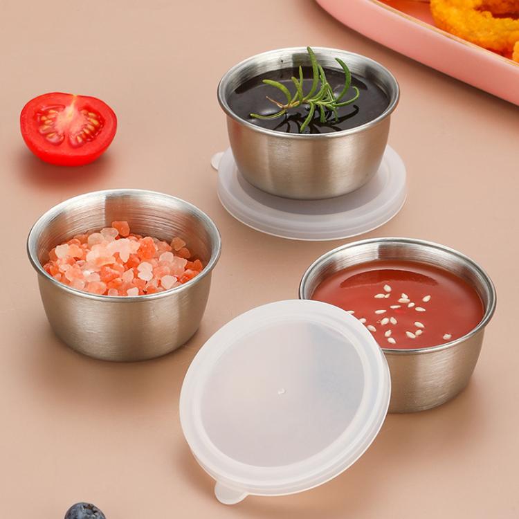 304 Stainless Steel Sauce Cup With Plastic Lid Sealed Leak-Proof Dipping Dish Seasoning Dish, 40ml