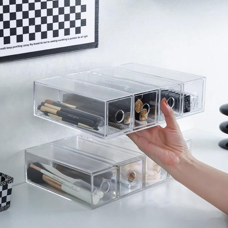 Acrylic Desk Organizer With 4 Drawers Stackable Glasses Display Case Makeup Brush Stationery Storage Box, 27x17.5x7.3cm