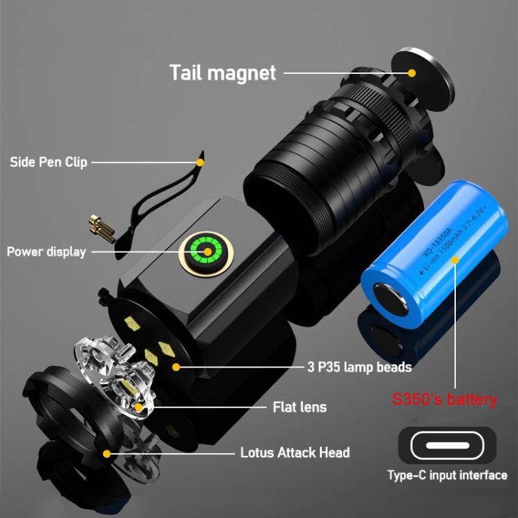 3LED Mini Flashlight Rechargeable Waterproof Torch with Tail Magnet & Battery, S350, S400