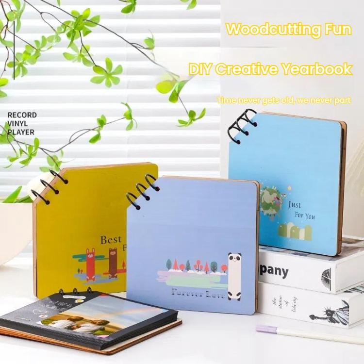 DIY Wooden Square Memorial Album Kids Growth Photo Album Cartoon Photo Book, Best Friends, Happiness, Just For You, Forever Love