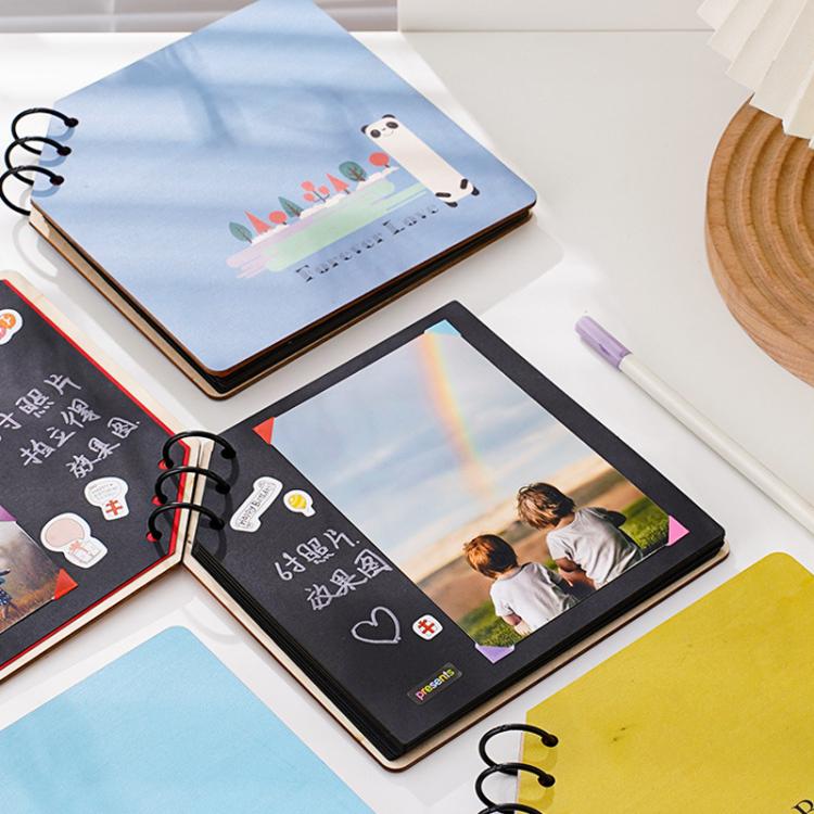 DIY Wooden Square Memorial Album Kids Growth Photo Album Cartoon Photo Book, Best Friends, Happiness, Just For You, Forever Love