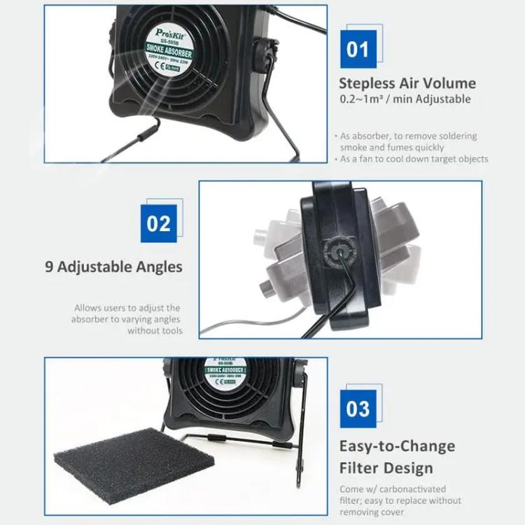 ProsKit SS-595H Soldering Fume Extractor With Blowing/Suction, Adjustable Wall/Desk Mount -