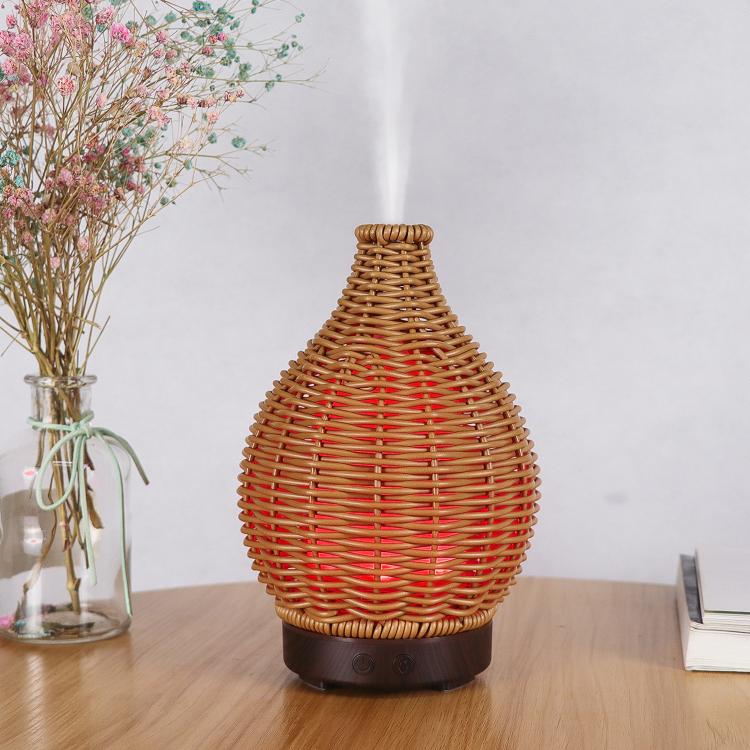 100ML Hollow Rattan Ultrasonic Humidifier & Aromatherapy Diffuser with 7-Color LED Lights, 5V USB, 24V EU Plug