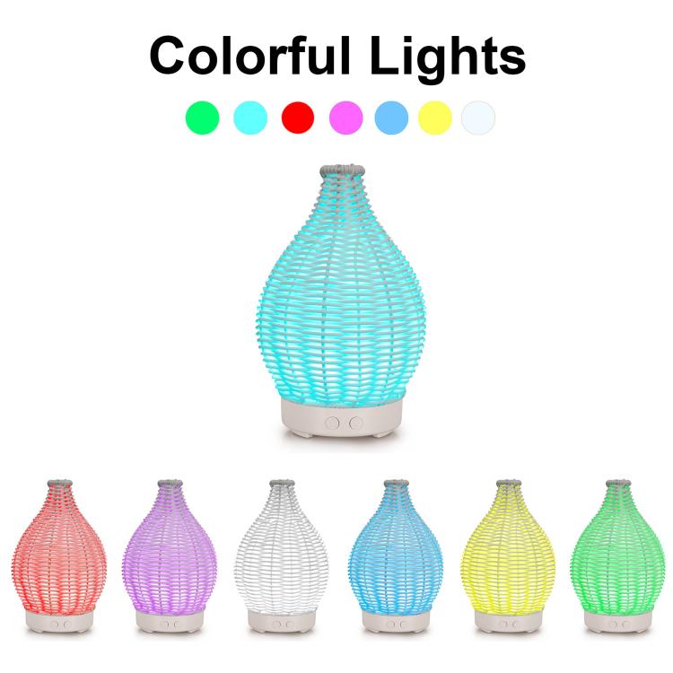 100ML Hollow Rattan Ultrasonic Humidifier & Aromatherapy Diffuser with 7-Color LED Lights, 5V USB, 24V EU Plug