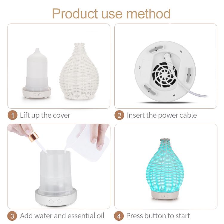 100ML Hollow Rattan Ultrasonic Humidifier & Aromatherapy Diffuser with 7-Color LED Lights, 5V USB, 24V EU Plug