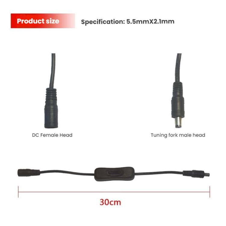 2pcs 5.5x2.1mm Male Female Connection Cable DC Switch Cable 304 Switch Power Cable, Key switch(Black)