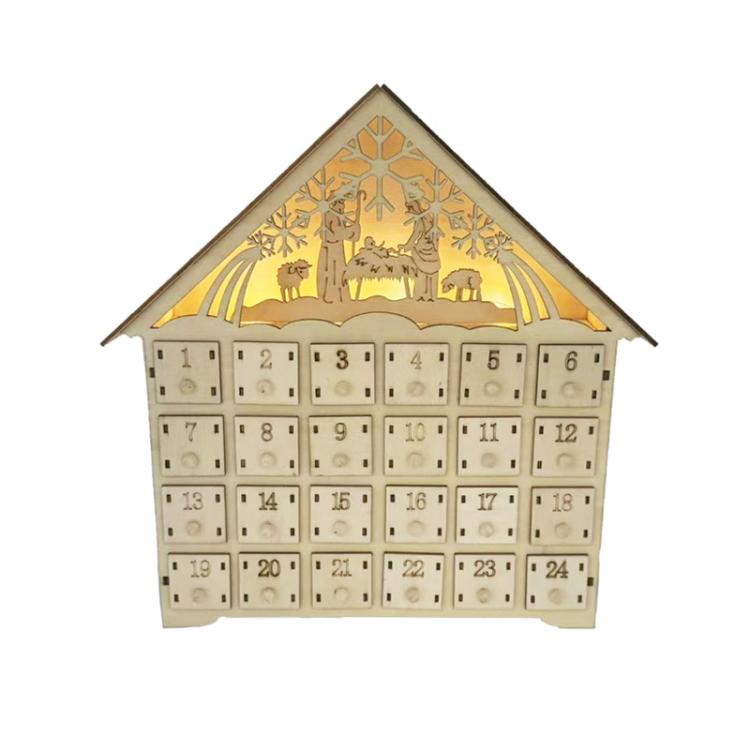 Wooden Christmas Decoration LED Lights 24-Day Countdown Calendar Ornament Gift Box, Deer, Jesus