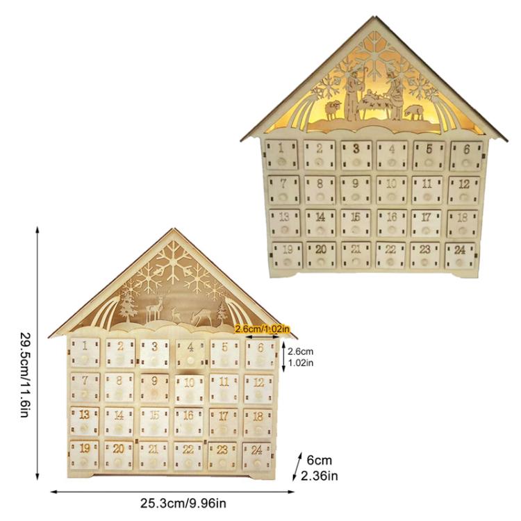 Wooden Christmas Decoration LED Lights 24-Day Countdown Calendar Ornament Gift Box, Deer, Jesus