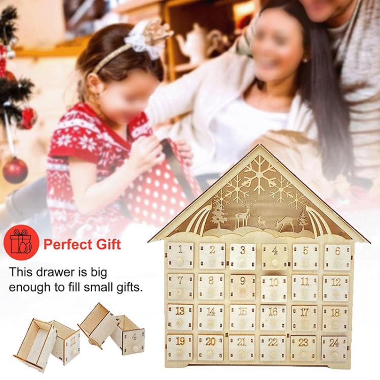 Wooden Christmas Decoration LED Lights 24-Day Countdown Calendar Ornament Gift Box, Deer, Jesus