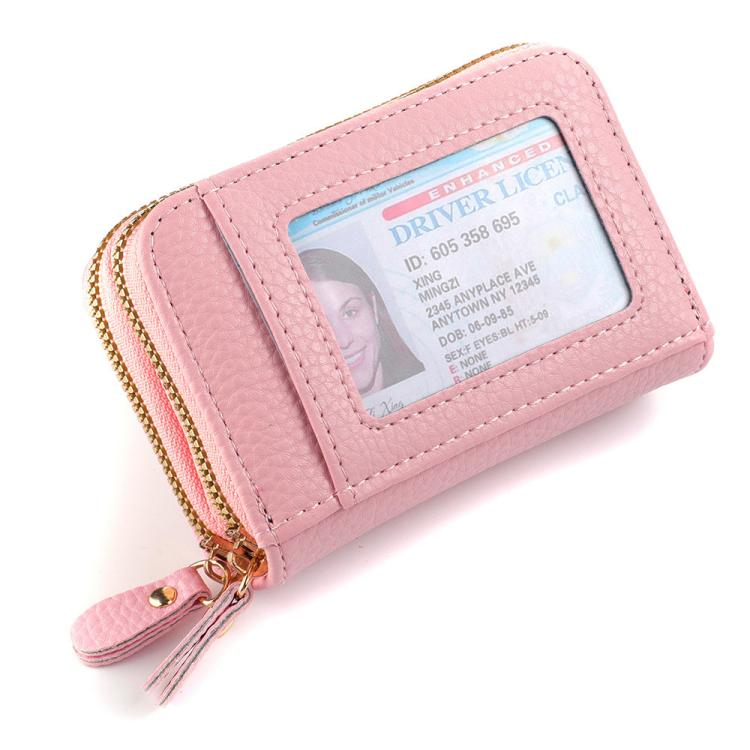 Women Minimalist Accordion Wallet Coin Purse Card Organizer With Double Zipper ID Window