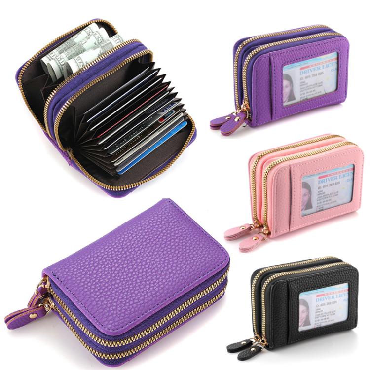 Women Minimalist Accordion Wallet Coin Purse Card Organizer With Double Zipper ID Window