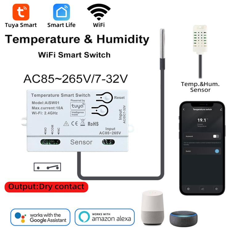 Graffiti WIFI Temperature Dry Contact Switch Module APP Remote Control Switch, Supports Google / Alexa Voice, With 1m Cable, With 2m Cable, Humidity+Integrated 1m Cable